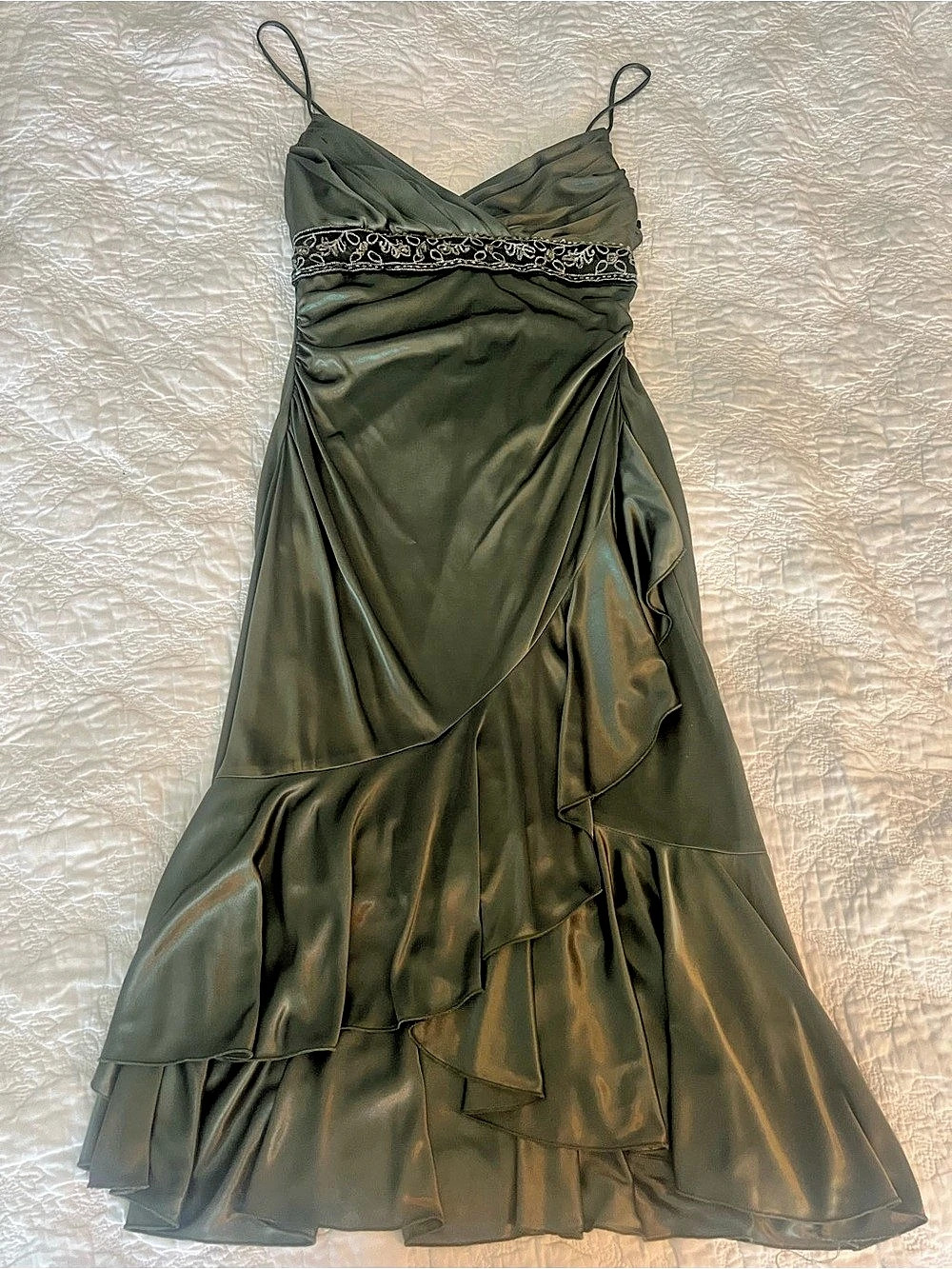 City Triangles Olive Satin-Look Ruffled Midi Dress